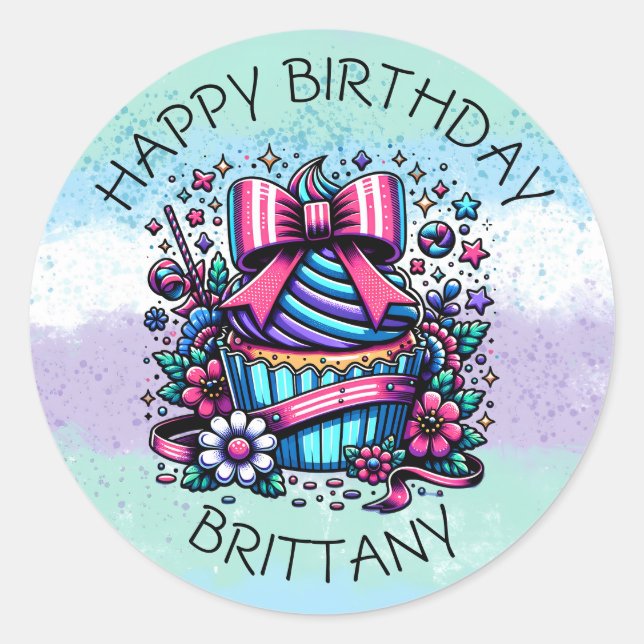 Sticker Rond Anniversaire Cupcake Whimsical Personnalisé (Devant)