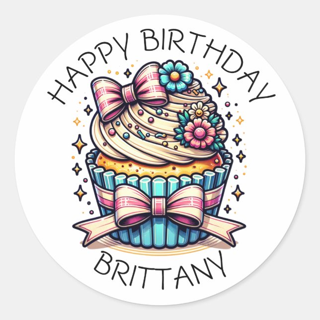 Sticker Rond Anniversaire Cupcake Whimsical Personnalisé (Devant)