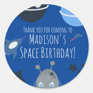 Sticker Rond Anniversaire dans l'espace Thème Alien Bleu Gris