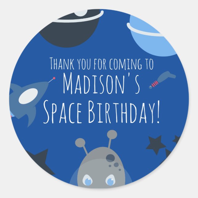 Sticker Rond Anniversaire dans l'espace Thème Alien Bleu Gris   (Devant)