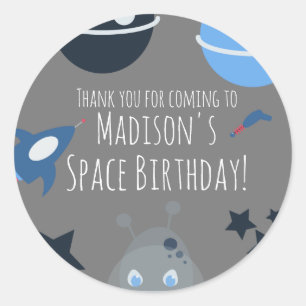 Sticker Rond Anniversaire dans l'espace Thème Alien Bleu Gris  