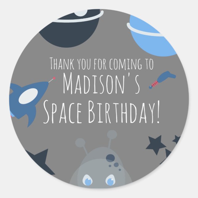 Sticker Rond Anniversaire dans l'espace Thème Alien Bleu Gris   (Devant)