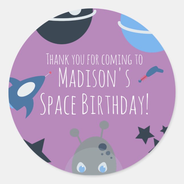 Sticker Rond Anniversaire dans l'espace Thème alien bleu violet (Devant)