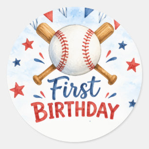 Sticker Rond Anniversaire de 1 an de baseball à l'aquarelle