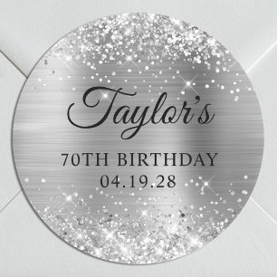 Sticker Rond Anniversaire de 70 ans en feuille d'argent scintil