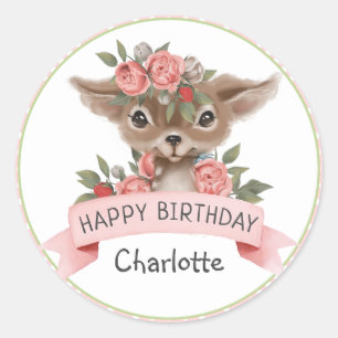 Sticker Rond Anniversaire de cerfs de bois rose Pois pour fille