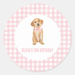 Sticker Rond Anniversaire de chiot préparé en carreaux roses