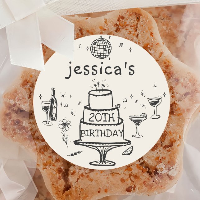 Sticker Rond Anniversaire de Cocktail Funky Dessiné à la Main F (Créateur téléchargé)