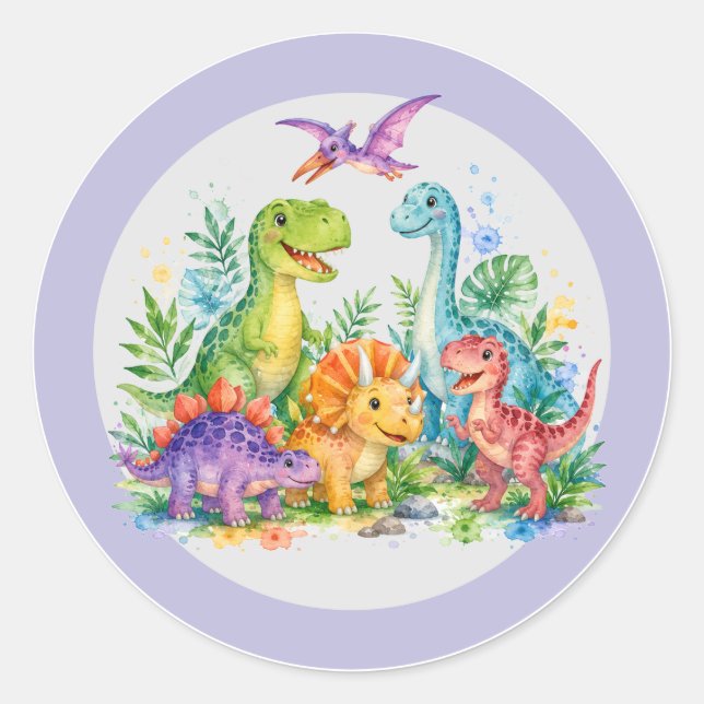 Sticker Rond Anniversaire de dinosaure coloré (Devant)