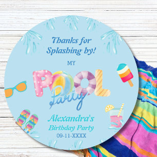 Sticker Rond Anniversaire de enfant bleu Pool Party Favoriser M