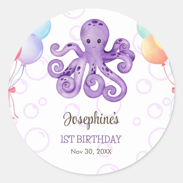 Sticker Rond Anniversaire de enfant de bulle violet Octopus (Devant)