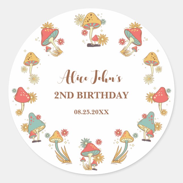 Sticker Rond Anniversaire de enfant de champignon super psychéd (Devant)