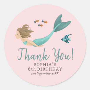 Sticker Rond Anniversaire de enfant de Merci de sirène rose mig