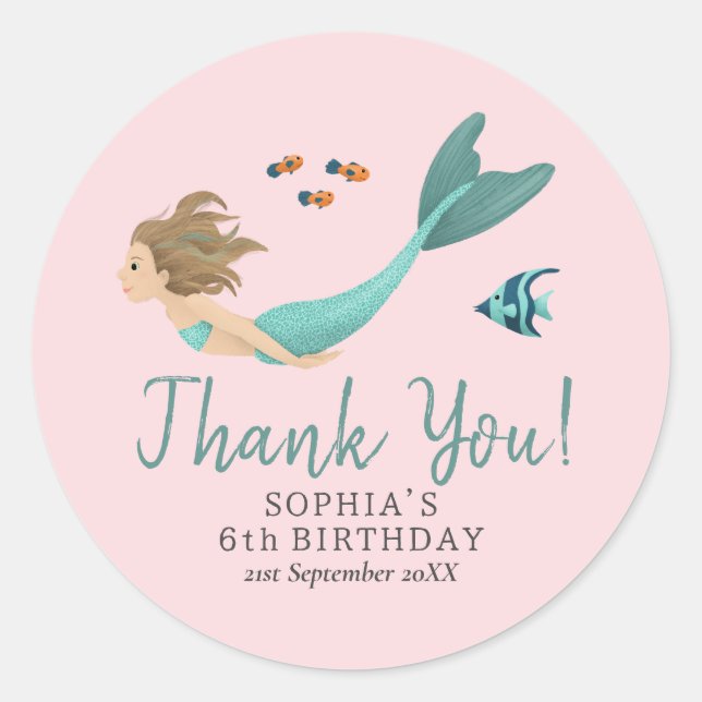 Sticker Rond Anniversaire de enfant de Merci de sirène rose mig (Devant)