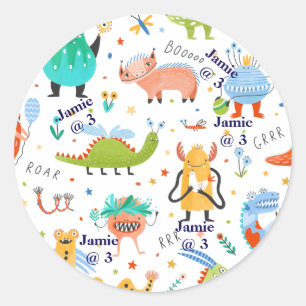 Sticker Rond Anniversaire de enfant Dinosaure coloré et personn