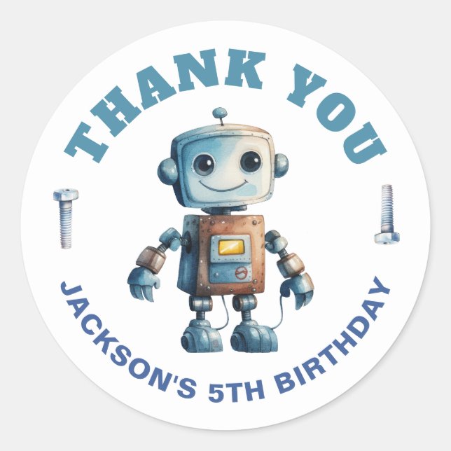 Sticker Rond Anniversaire de enfant Merci robotique moderne (Devant)