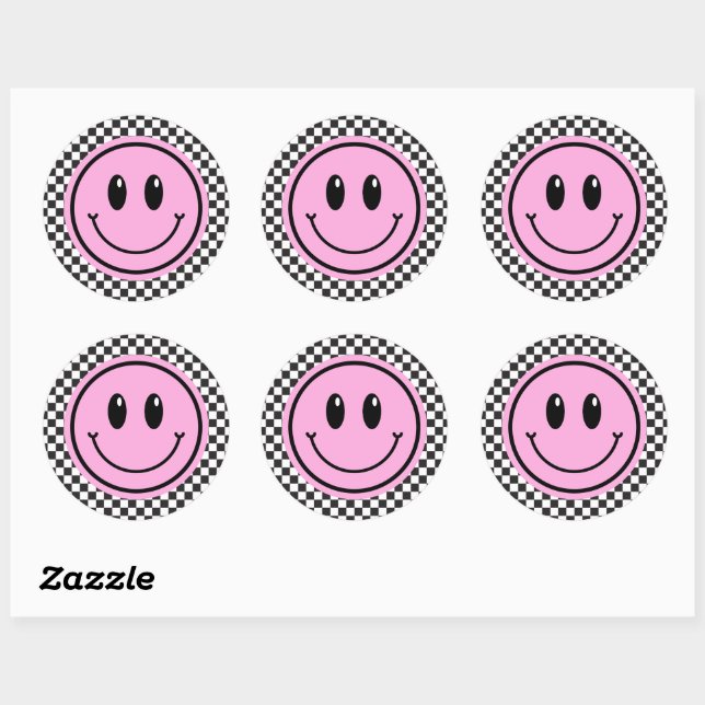 Sticker Rond Anniversaire de enfant Pink Happy Face Checker (Feuille)