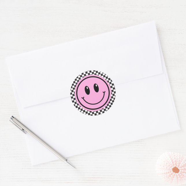 Sticker Rond Anniversaire de enfant Pink Happy Face Checker (Enveloppe)