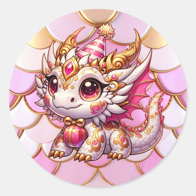 Sticker Rond Anniversaire de la fille de Dragon Rose et Or (Devant)