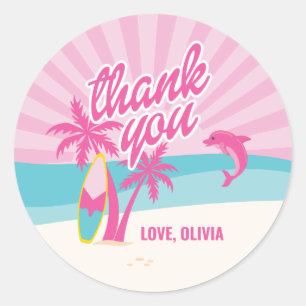 Sticker Rond Anniversaire de la plage rose et des palmiers
