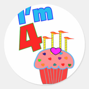 Sticker Rond Anniversaire de l'école "I'm 4" Cupcake adorable