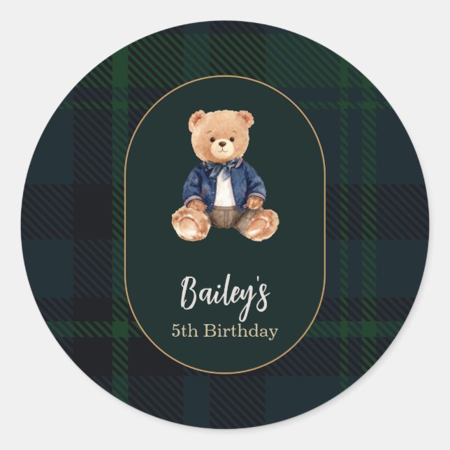 Sticker Rond Anniversaire de l'ours en vichy classique (Devant)