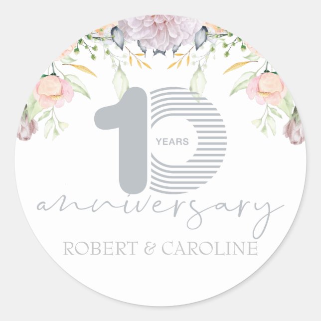 Sticker Rond Anniversaire de mariage 10 ans personnalisé floral (Devant)