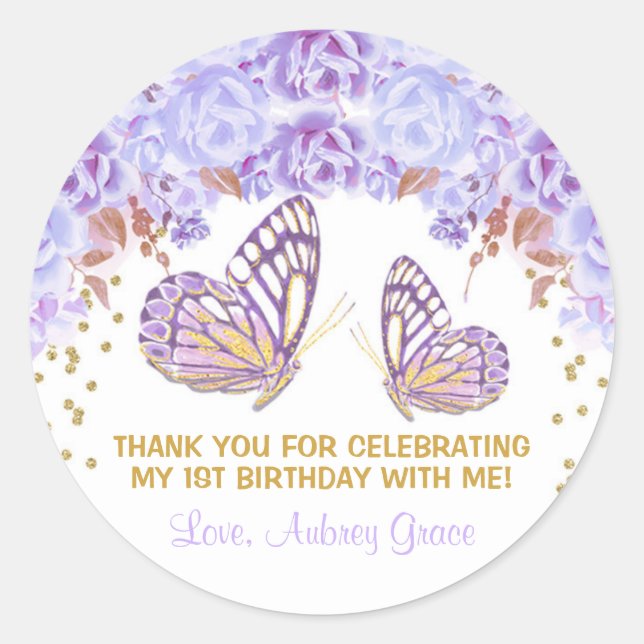 Sticker Rond Anniversaire de papillon d'or violet (Devant)
