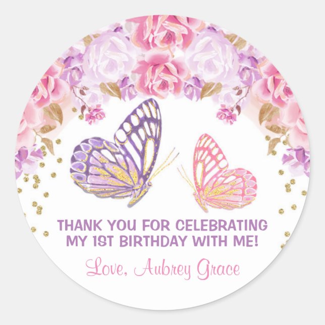 Sticker Rond Anniversaire de papillon rose or violet (Devant)