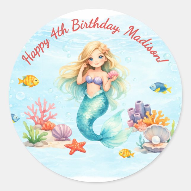 Sticker Rond Anniversaire de Sirène à l'aquarelle (Devant)