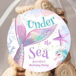 Sticker Rond Anniversaire De Sirène Sous La Mer Rose Violet