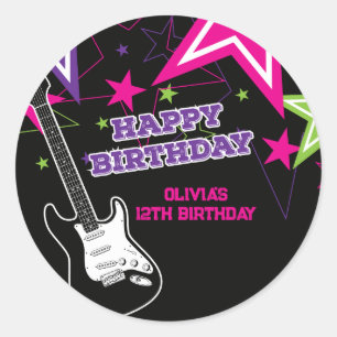Sticker Rond Anniversaire de star du rock Guitare Étoiles Rose