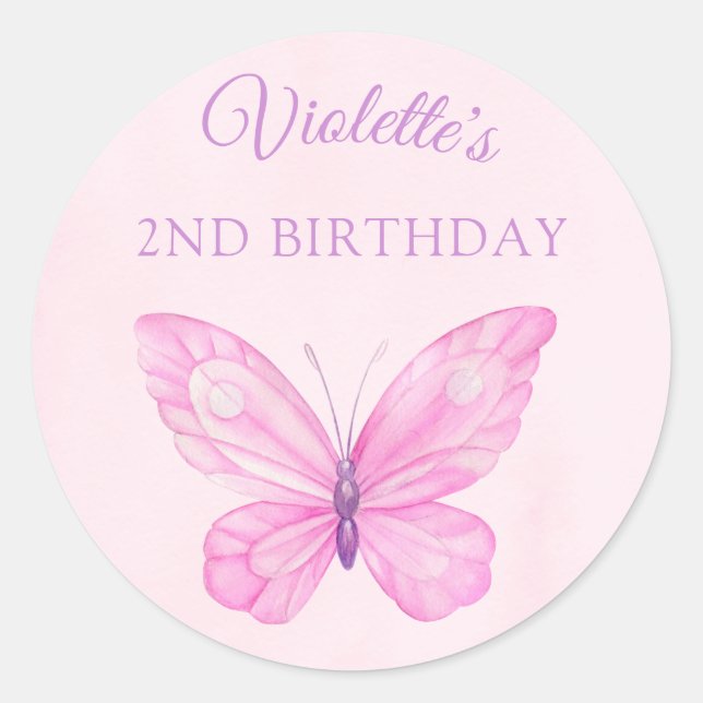 Sticker Rond Anniversaire des enfants de papillon rose et pourp (Devant)