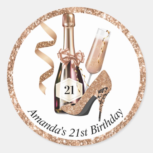 Sticker Rond Anniversaire des femmes roses en or et champagne (Devant)