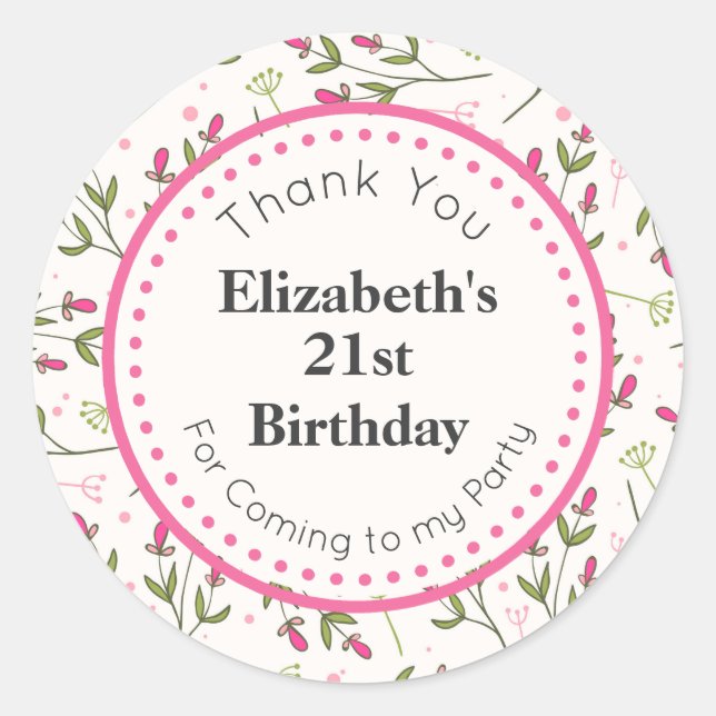 Sticker Rond Anniversaire des Fleurs sauvages roses et verts (Devant)