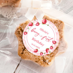 Sticker Rond Anniversaire des fraises roses En vichy