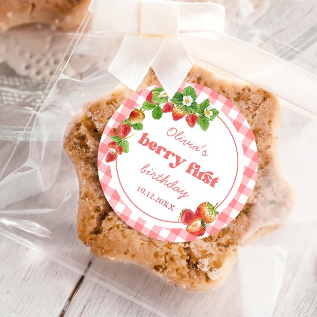 Sticker Rond Anniversaire des fraises roses En vichy (Créateur téléchargé)