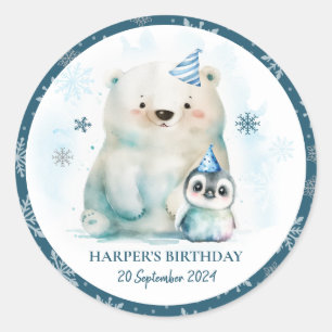 Sticker Rond Anniversaire d'hiver des ours pingouins et polaire