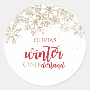 Sticker Rond Anniversaire d'hiver ONEdernald rouge et or flocon