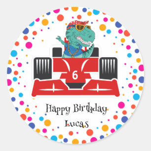Sticker Rond Anniversaire Dinosaur race voiture garçon course r
