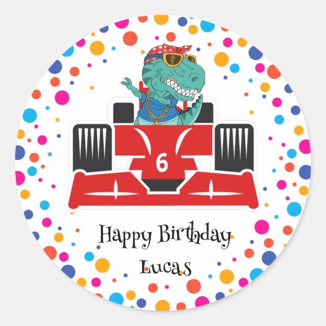 Sticker Rond Anniversaire Dinosaur race voiture garçon course r (Devant)
