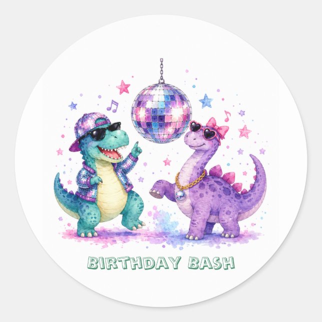 Sticker Rond Anniversaire Dinosaure Disco Aquarelle (Devant)