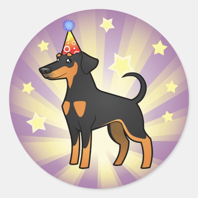 Sticker Rond Anniversaire Doberman Pinscher (oreilles de disque (Devant)