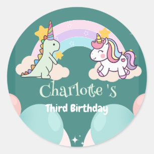 Sticker Rond Anniversaire du ballon arc-en-ciel Cute Dinosaur U