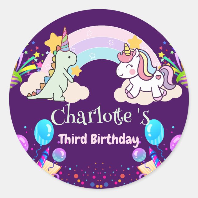 Sticker Rond Anniversaire du ballon arc-en-ciel Cute Dinosaur U (Devant)