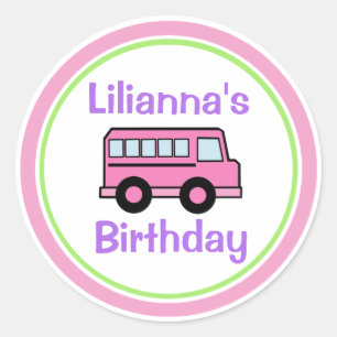 Sticker Rond Anniversaire du bus scolaire rose
