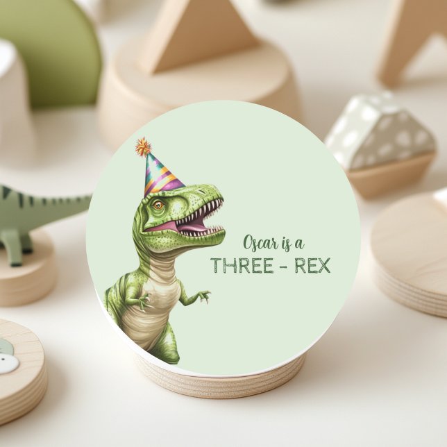 Sticker Rond Anniversaire du dinosaure à trois rapports | Dino  (Créateur téléchargé)