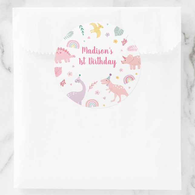 Sticker Rond Anniversaire du Dinosaure Boho Rose (Sac)