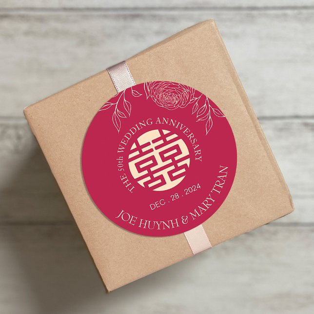 Sticker Rond Anniversaire du Mariage de Ranunculus Double Happi (Créateur téléchargé)