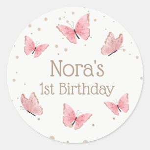 Sticker Rond Anniversaire du papillon rose
